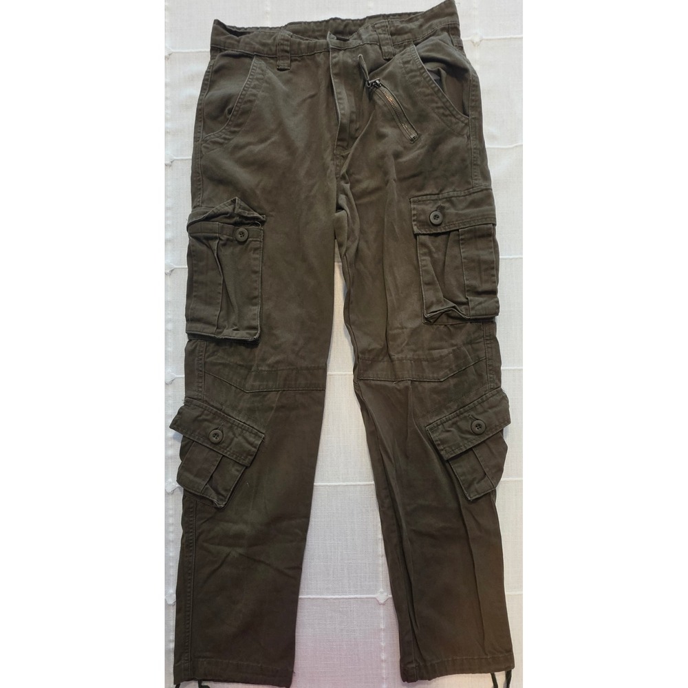Mens Olive Drab Cotton Multi Pocket Cargo Pants Size 30 Utility Trousers